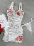 Sexy suspender dress embroidered flowers mesh see-through pleated two-piece set