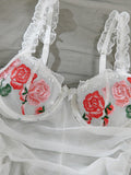 Sexy suspender dress embroidered flowers mesh see-through pleated two-piece set