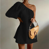 New women's solid color women's fashionable loose slimming slanted shoulder short dress