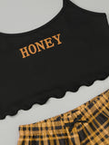 Women's Letter HONEY Printed Camisole + Plaid Printed Shorts Homewear Set