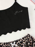 Women's Letter HONEY Printed Camisole + Leopard Print Shorts Homewear Set
