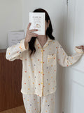 New women's sweet and cute style pure cotton gauze pajamas thin long-sleeved trousers home wear set