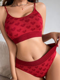 Women's New Valentine's Day Red Love Breathable Thin Strap Adjustable Seamless Underwear Set