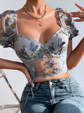 New women's puff sleeve sexy floral navel cropped top