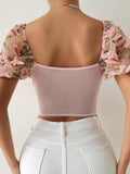 New women's puff sleeve sexy floral navel cropped top