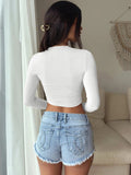 New solid color round neck slim fit inner midriff-baring long-sleeved short T-shirt