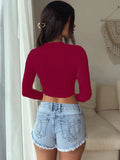 New solid color round neck slim fit inner midriff-baring long-sleeved short T-shirt