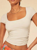 New casual slim solid color short-sleeved square neck T-shirt