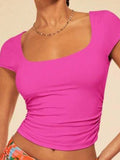 New casual slim solid color short-sleeved square neck T-shirt