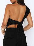 New style lace slope neck cardigan loose splicing backless lace-up solid color top