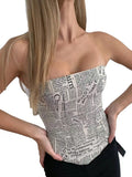 New one-shoulder newspaper printed irregular joint waistband and tube top