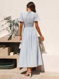 Women's New Solid Color V-Neck Long Puff Sleeve Oversized Waist Dress